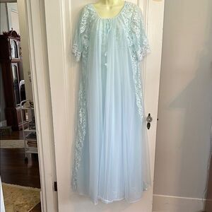 Vintage 60s Shadowline light blue nylon lace nightgown & robe set